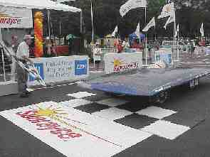 Queen's University solar car at the finish line.
