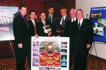 Team from Dupras Ledoux Associs of Montreal, after receiving the Schreyer Award for electrical and mechanical systems for the Bellagio Hotel Cirque du Soleil Theatre. Left to right: Andre Acciari, Tuong Phong Huynh, ing., Luc Fortin, Andr Dupras, ing., Claude Dupras, ing., Aurle Bastien, ing., Jean-Pierre Ledoux, ing.