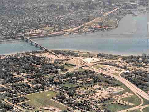 Aerial view from Canadian side. The 12-hectare truck processing centre site is visible at right.