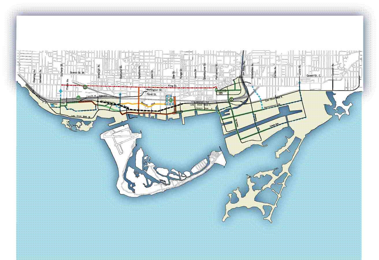 Central Waterfront transit plan (adapted). The black broken line indicates proposed road tunnel, the red broken line is transit priority improvements, and the green line and broken blue line show proposed streetcar rights-of-way. Small artist renderings show (left to right), proposed Lakeshore Boulevard from east; Lakeshore Boulevard from west diverted by Fort York; proposed green corridor from Don River through port lands. All illustrations from Making Waves, copyright City of Toronto.