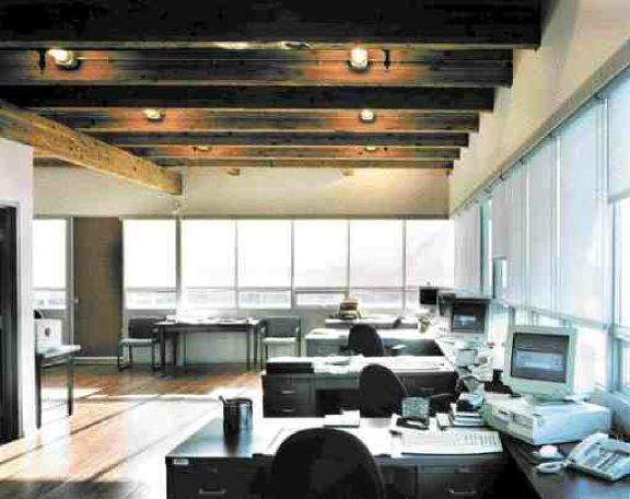Second floor office interior, with exposed wood ceiling and floor made from salvaged decking and glulam.