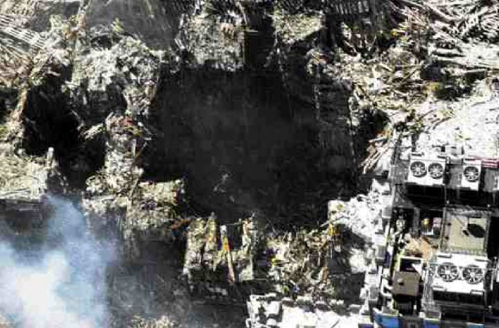 Aerial view of buildings beside the collapsed World Trade Center.