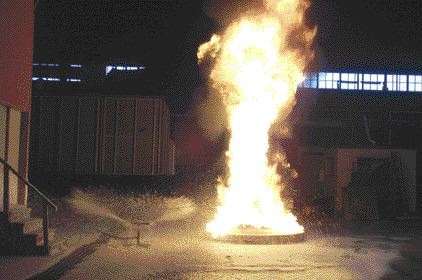 Tests to extinguish a gasoline fire at 15, 30 and 45 seconds using a floor-level nozzle and 2% aqueous film foam CAF system.