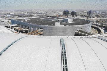 View over new terminal roof to parking garage at Pearson International Airport, Toronto.