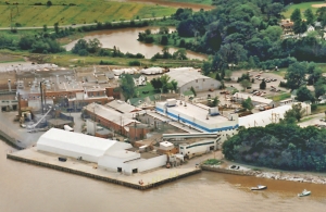 Aerial view of Minas Basin plant (foreground) on the Avon River, part of the Minas Channel in the Bay of Fundy.