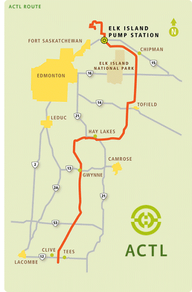 Route map for the CO2 Alberta Carbon Trunk Line which will initially draw carbon from the industrial heartlands near Edmonton and transport it to mature oil fields 240 miles north.