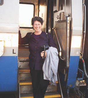 Rosamund Hyde alights from a train in Napanee, Ontario.