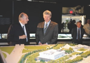His Royal Highness the Aga Khan and Prime Minister Stephen Harper look over a model of the Ismaili Centre and Aga Khan Museum in Toronto in May.