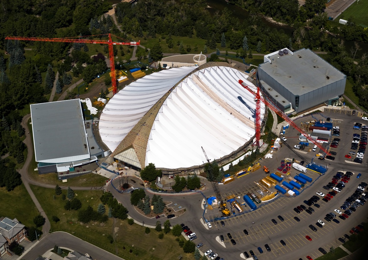 Installing new fabric roof at the Talisman Centre, Calgary