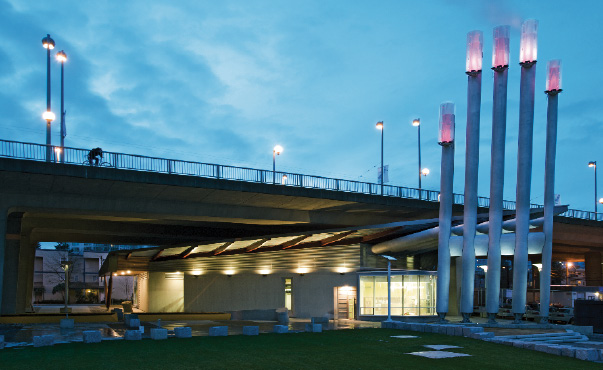 The award-winning architecture set against the Cambie Bridge.  Photo courtesy Ausenco Sandwell.