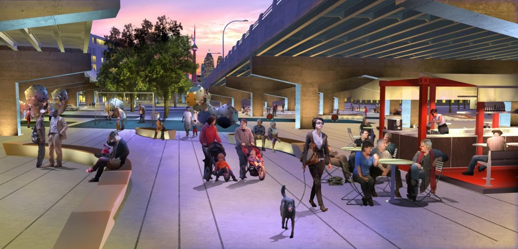 Rendering of Underpass Park in the West Don Lands, Toronto.  Image courtesy Waterfront Toronto (Phillips Farevaag Smallenberg).