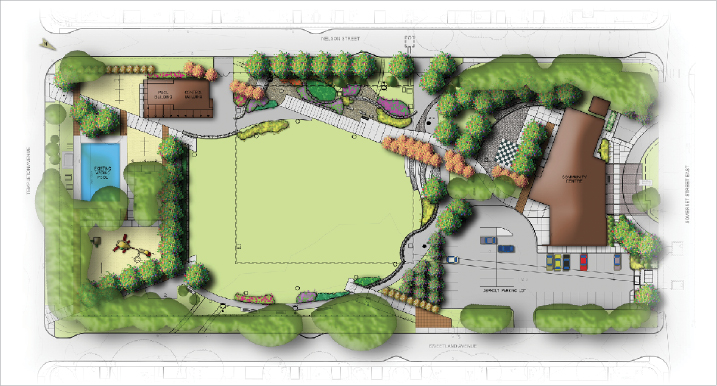 Site plan for the park, with underground tank outlined.