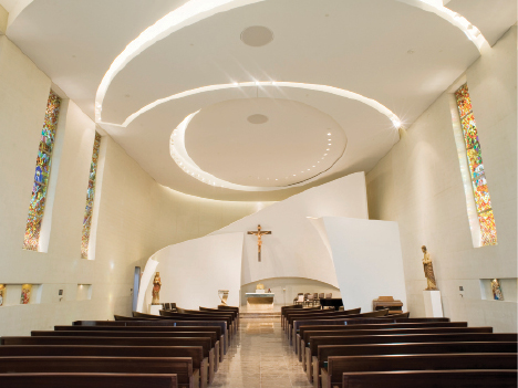 Inside the chapel. Its carefully crafted, thick concrete walls have no construction joints.  Photograph by Jason Ness Photography.