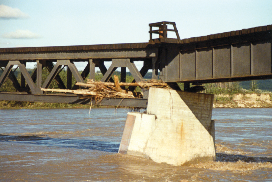 Bridge in Smoky River, Alberta, failed in 2001.  Govt. of Alberta, Dept. of Transportation