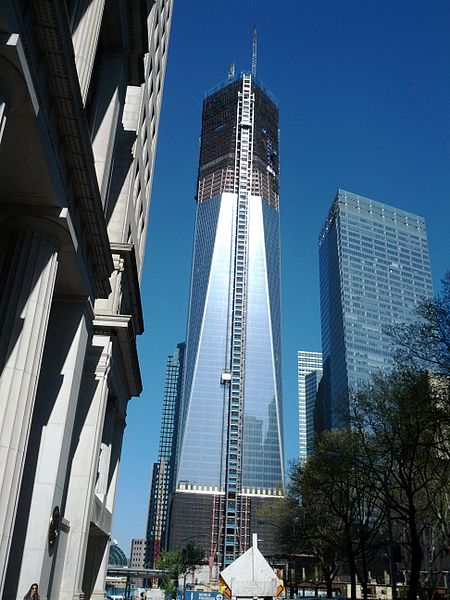 The new 1 World Trade Centre Tower (formerly known as the Freedom Tower) under construction, photographed in April.  Photograph by Marc Weissman (Wikipedia, Creative Commons.)