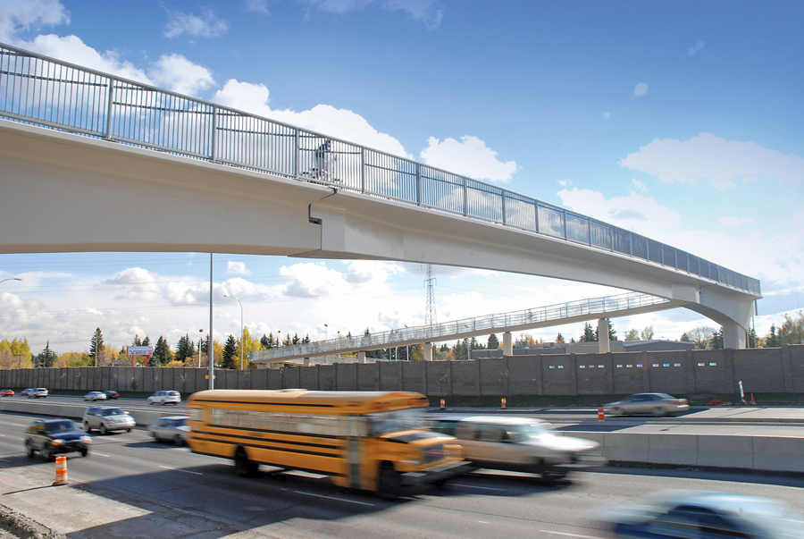 Glenmore Trail/Legsby Road Pedestrian Bridge spans 53 metres over a multiple-lane arterial road in southwest Calgary.