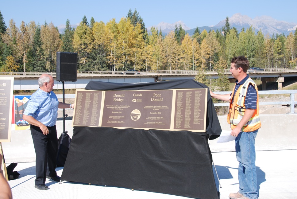 Celebrations for the opening of the new Donald Bridge included laying plaques commemorating the workers, and another (not shown) in Revelstoke marking the 50th anniversary of the Trans-Canada highway. Photo courtesy B.C. Ministry of Transportation and Infrastructure.