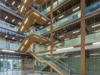 Free-floating glulam staircase in the atrium at the Earth Sciences Building, University of British Columbia. Photograph courtesy Perkins + Will Architects.   Photographer Michael Elkan.