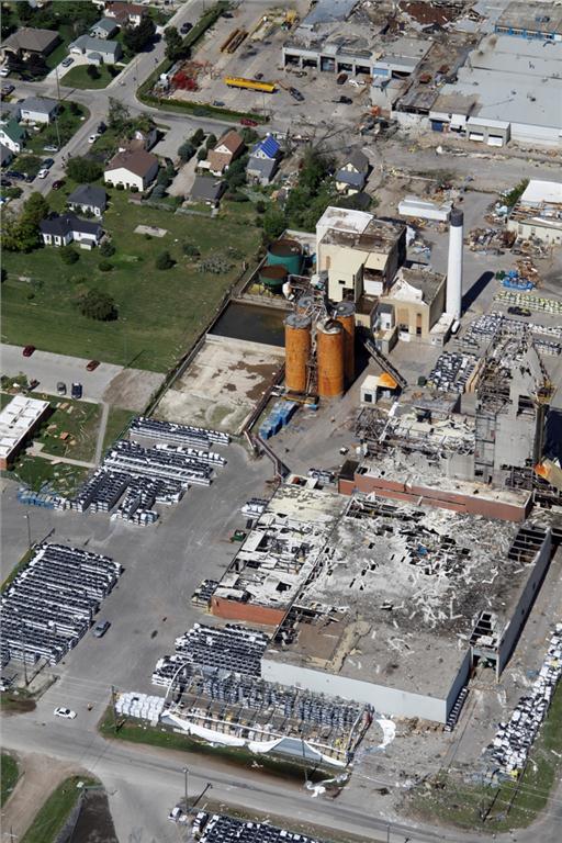 Sifto's evaporator plant in Goderich ON, showing damage from the August 2011 tornado. Image by Evans Media, courtesy of Sifto Canada Corp.