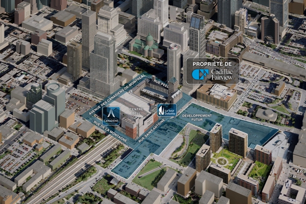 Aerial view of redevelopment of lands around the Bell Centre in Montreal. (Image: Cadillac Fairview).