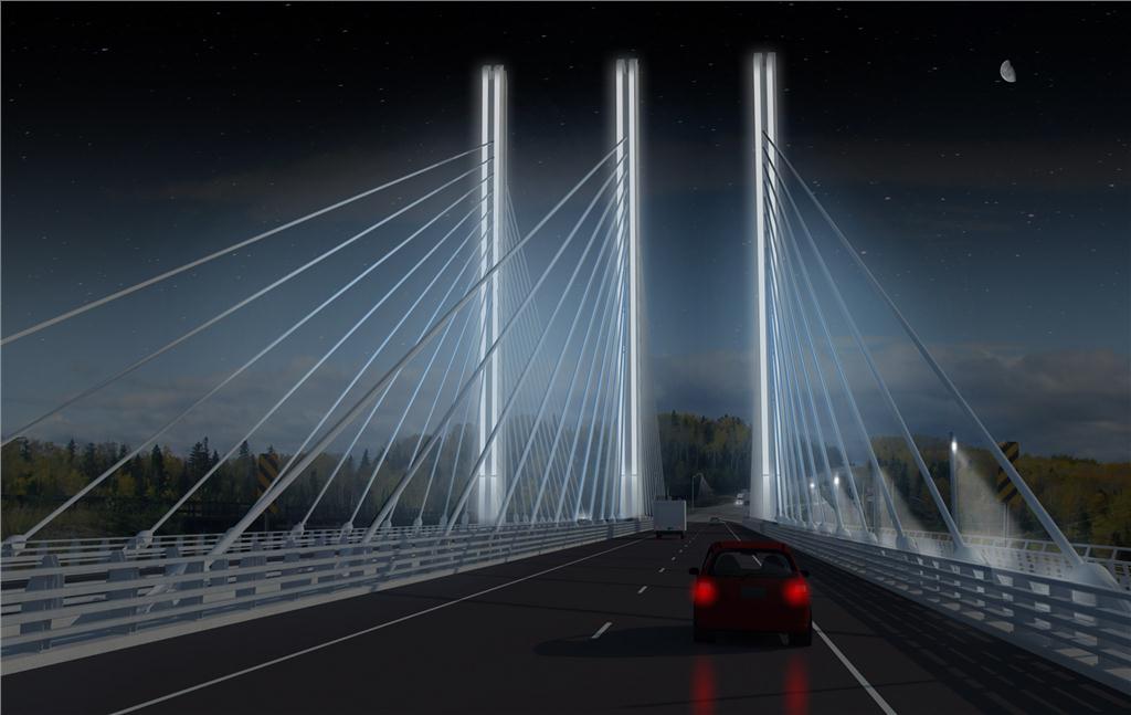 Nipigon Bridge, Thunder Bay, Ontario's first cable-stayed bridge, has started construction. Image courtesy Ontario Ministry of Transportation.