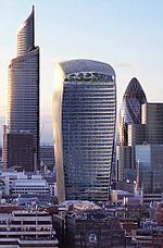 The so-called "Walkie Talkie" building, more recently dubbed the "Fryscraper" under construction at 20 Fenchurch Street, in London, U.K.