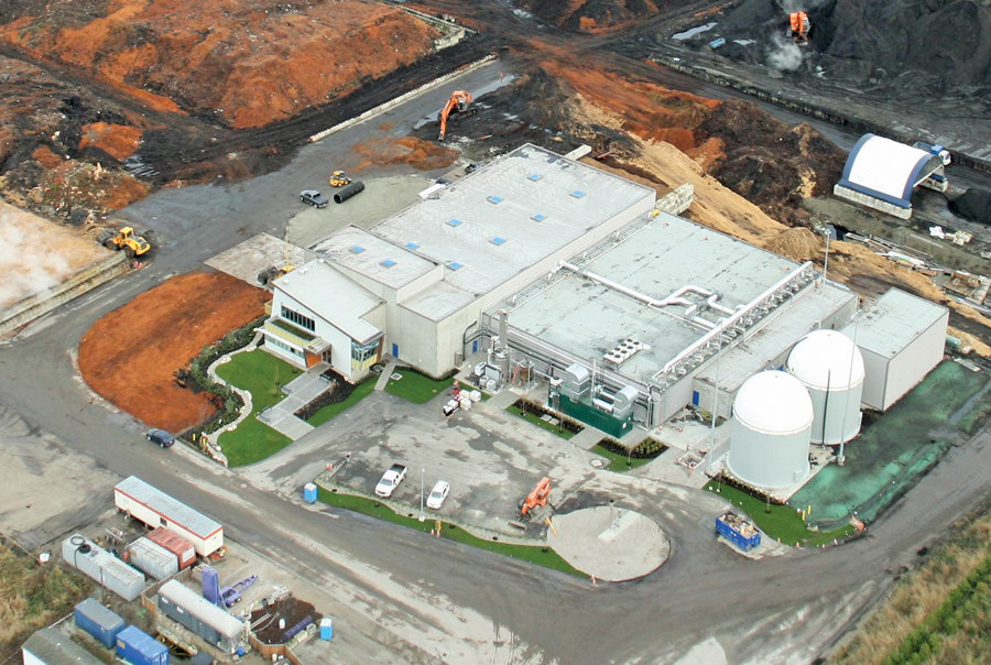 Aerial view of the Harvest Energy Garden plant in Richmond, B.C. It is designed so that waste handling is completely enclosed and the digestion processes are sealed.