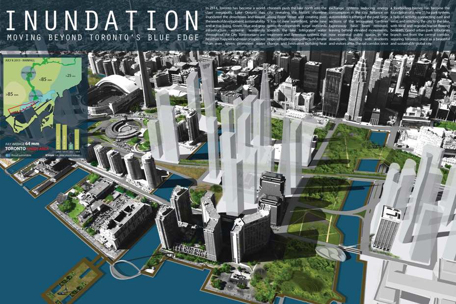 Dillon Consulting's winning scheme "Inundation" for pushing waterways north to Front Street in Toronto in the Urban Ideas Competition.