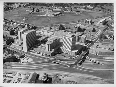 Aerial photograph of the completed Scotia Square complex and Cogswell Street Interchange., 1970. HRM Archives photo 102-105-1.36