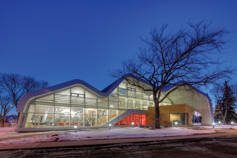Jasper Place Library at night.  Photo: Williams Engineering Canada.