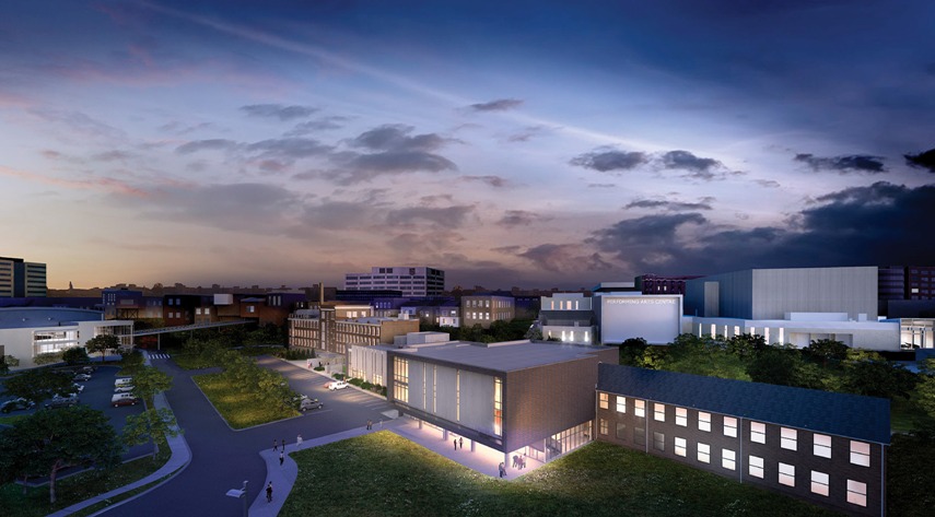 Marilyn J. Walker School of Performing Arts under construction in St. Catharines, Ontario. Architectural rendering, courtesy Diamond and Schmitt Architects
