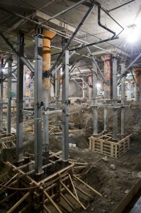 Union Station Revitalization, Toronto, showing dig-down in process with columns in different stages of completion.  Photo:  NORR.