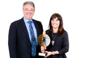 Réal Laporte, président of Hydro-Québec Équipement presenting a AFG/Leonard award to engineer Maria Mingallón of Arup Canada for the ContemPLAY pavilion.