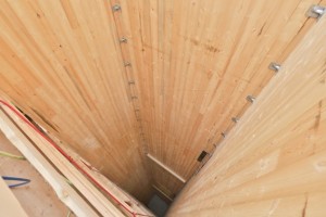 Elevator shaft, WIDC, Prince George, B.C. Cross-laminated lumber panels were installed vertically in the elevator shaft as in other elements o the core structure. Photo: naturally:wood, Paul Alberts.