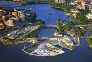 Chaudiere Falls site with new green space on roof of new underground generating station superimposed on photo. Image: Energy Ottawa