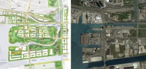 Aerial view of the existing conditions (right) and rendering of the proposed naturalization and flood protection for the Port Lands in downtown Toronto.