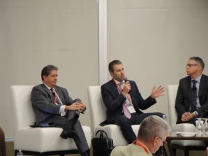 Bob Gomes of Stantec, Alexandre L'Heureux of WSP, and the Hon. Perrin Beatty, part of a panel at the ACEC national leadership conference in Ottawa, October 24.